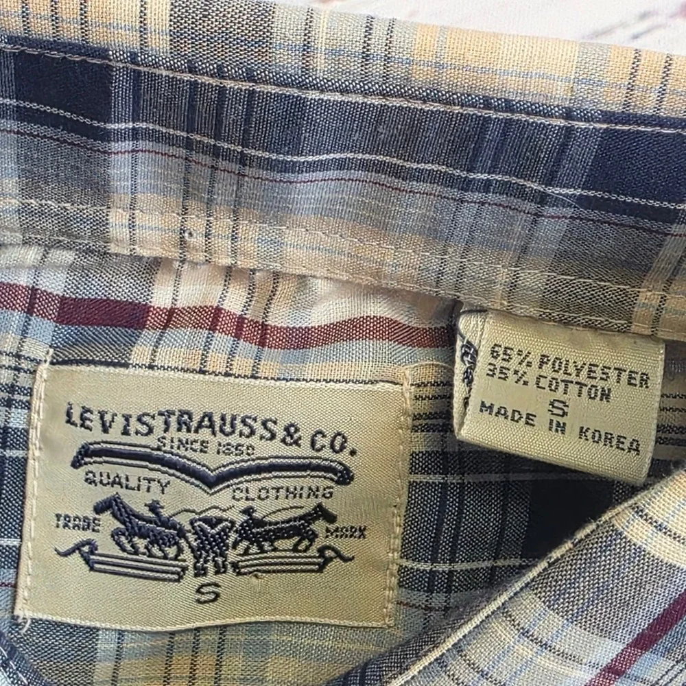 Vintage 1984 Levis Western Pearl Snap Shirt Mens Small Plaid Blue Tan Light Thin